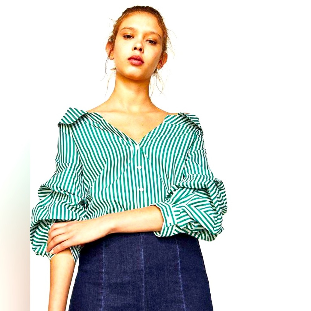 Zara green white striped off shoulder shirt